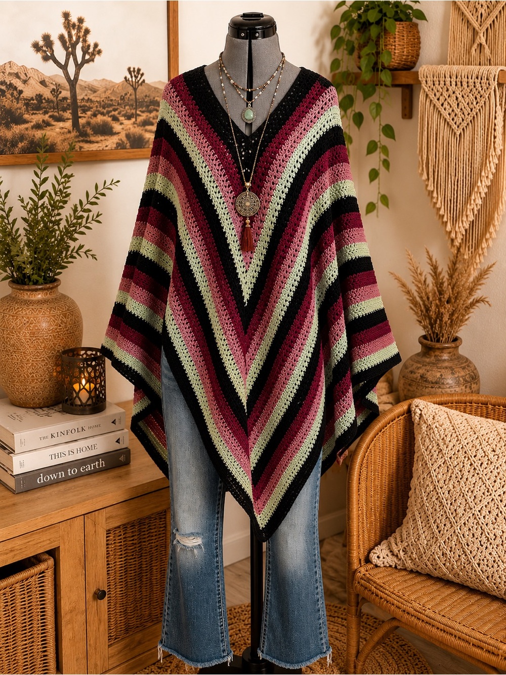 Striped V-Neck Crochet Poncho Sweater - Pink & Mint